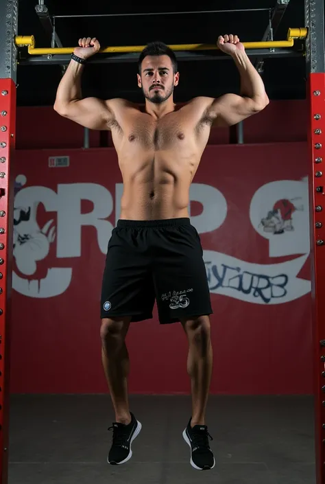 The image shows a handsome athlete performing the Front Lever or Muscle-Up exercise in an urban environment (  Graffiti wall or sports park  ). .  The background is dynamic in strong colors   ( negro, red, and white )  with lighting effects .  attractive. ...