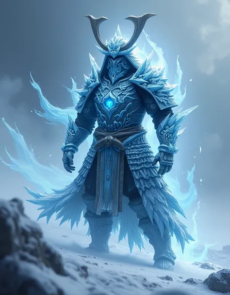 Samurai with ice powers, wearing armor with ice chips