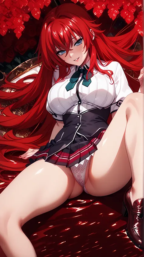   Sexy rias gremory, UHD, Wearing a very sexy school uniform,  red hair,  Long hair ,  big breasts , voluptuous, In a reddish wasteland,   open legs,