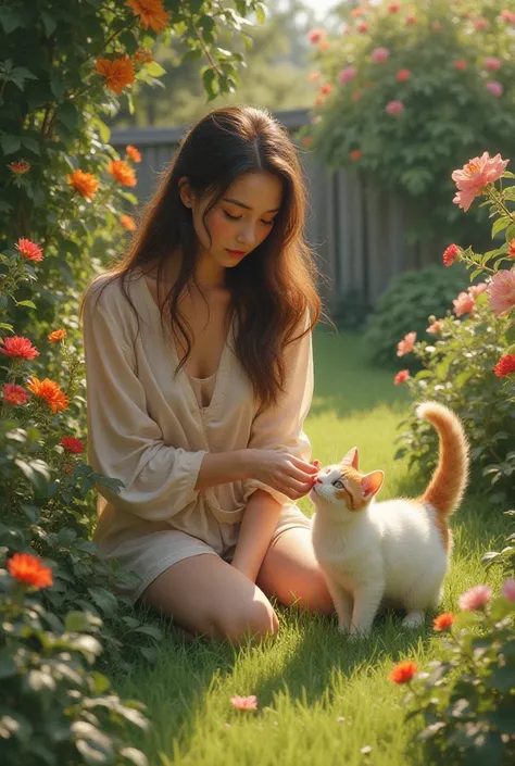 A beautiful girl is playing with a cat in a green yard full of flowers 