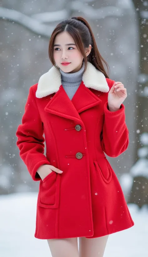  masterpieces,  excellent quality ,  Taken from a Medium Distance ,  of Japanese-Korean stepdaughter, 25 years old, white face, smooth flowing hair ,  Smiling Wide Cheerful ,  Recent Deora Emotions ,   Super Sexy Dolls , In a bright red winter coat set, , ...