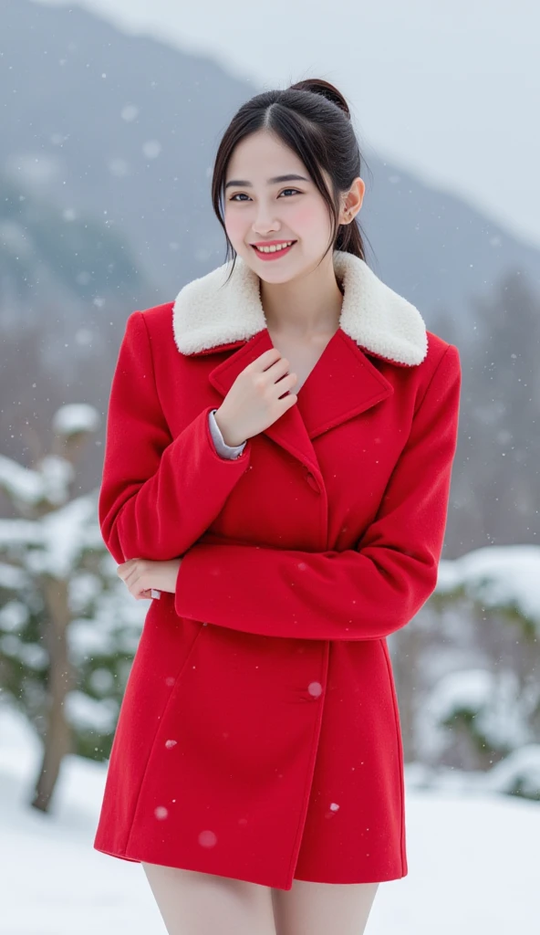  masterpieces,  excellent quality ,  Taken from a Medium Distance ,  of Japanese-Korean stepdaughter, 25 years old, white face, smooth flowing hair ,  Smiling Wide Cheerful ,  Recent Deora Emotions ,   Super Sexy Dolls , In a bright red winter coat set, , ...