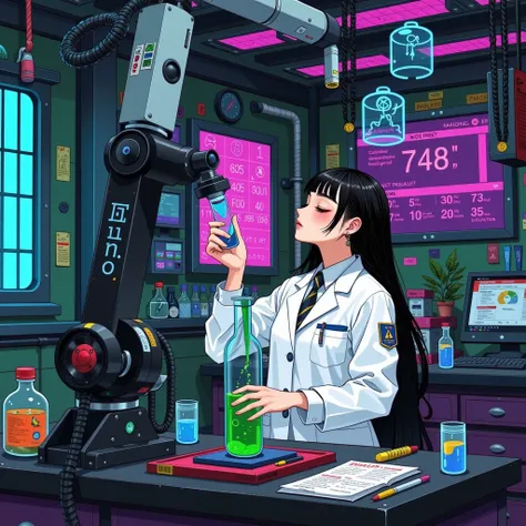 Deep inside a secret laboratory 、 a scientist wearing a white coat operates a mechanical arm and {x} a cyberpunk lab where blue neon lights shine。 a mysterious liquid flickers in a glass tube 、 a hologram that floats 。 projects an unknown formula 、 proceed...