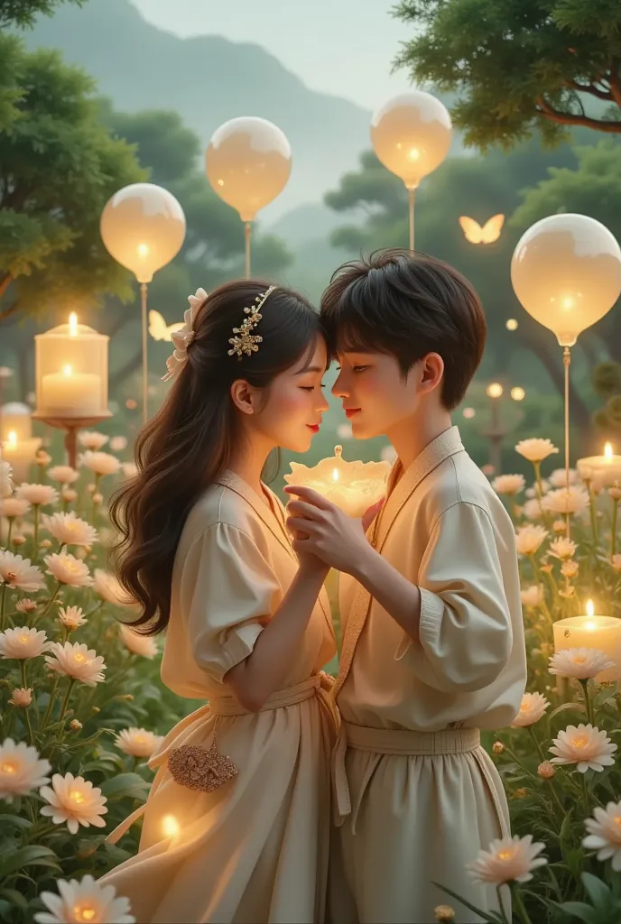 In a captivating digital art masterpiece, a couple shares a romantic dance in the center of an enchanting garden on Valentine's Day. The scene is illuminated by floating candles and lanterns, casting a warm, soft glow. The intricate details of the garden, ...