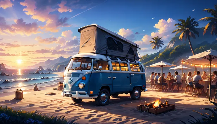 beach party/beach party/beach party.Campervan.beach.seaside..fine wine.Delicious food.Jess tree.Open your heart and play happily.beautiful coastline.sunset.open. (best quality,4K,8k,high resolution,masterpiece:1.2),super detailed,(Actual,photoActual,photo-...