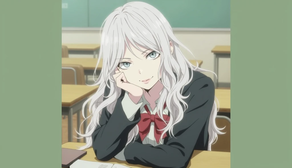 Black long hair, sky blue eyes, anime, school background, expressionless