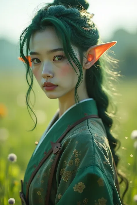 Upper body shot, Japanese woman, pointy elf ears, white skin, forest green hair, closed mouth, antique travel outfit, dynamic pose, complex fantasy character, NSFW, cinematic lighting, fantasy, magic, detailed background, in a sunny green plain, best quali...