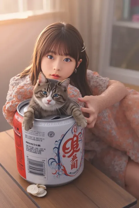 2D anime style,８ year old girl , long brown hair is fluffy , blue eyes, The background is the living room, large hollow beer can １t,The cat is playing in the beer can , American Shorthair, The girl is looking at her pet happily, Asahi Super Dry ,anthropomo...