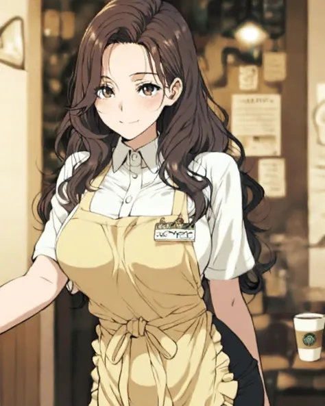 ( adult woman):  Japanese anime style、 Japanese Manga Style 、solo、( perfect face)、( detailed clothing)、 A Single Elegant Woman 、(The coffee shop hostess )、late thirties 、Alluring、The eye area is long and looks a little tight 、 Her Eyes Are Seriously Smilin...