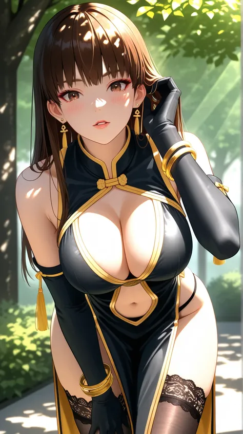 masterpiece, best quality, amazing quality, very aesthetic, high resolution, ultra-detailed, absurdres, newest, 1woman, solo, DOA, (dead or alive, Lei Fang), (DOA Lei Fang costumes), black dress, bare shoulder, sleeveless, slde slit, cleavage, black gloves...