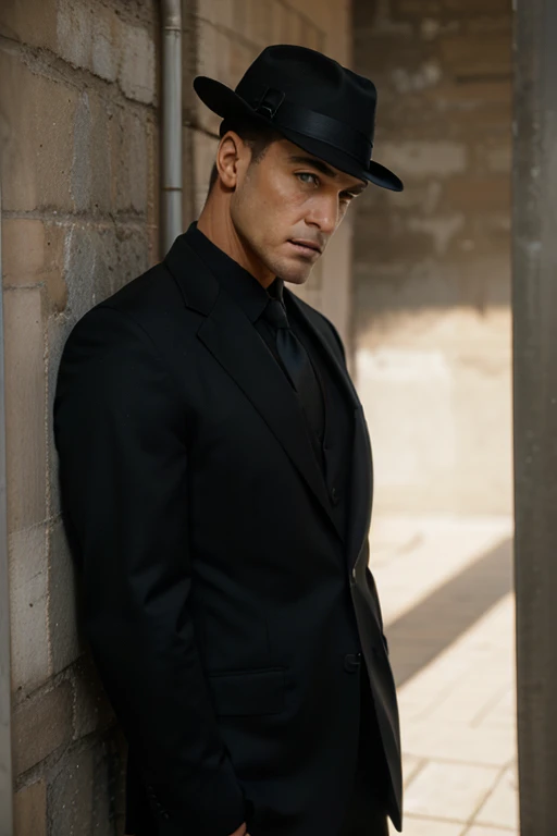 Seen from a distance A tall man wears a black suit , black hat to cover his forehead until his nose is leaning against the wall 