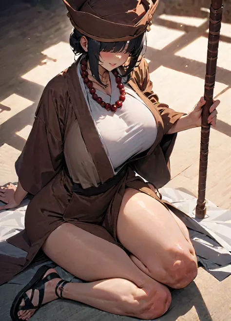 ライコウ、masterpiece,best quality,amazing quality,absurdres,volumetric lighting,very aesthetic,newest,detailed shadows,
BREAK
solo,1 Japanese mature female,black hair,curvy,large breasts,ajirogasa hat,shakujo staff,monk robes,sandals,prayer beads necklace,conc...