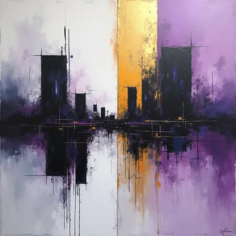 An abstract picture painted with the colors white, black, gold and violet