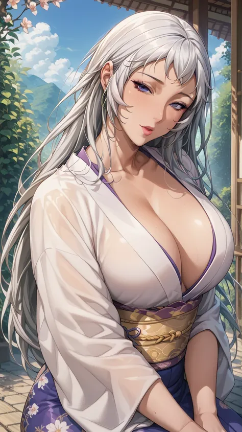  white skin、 white hair、 long hair、A kimono that opens your chest、White beat、Close eyes、 close your eyes、lipstick、 long eyelashes、 beautiful、Alluring、Mature Woman