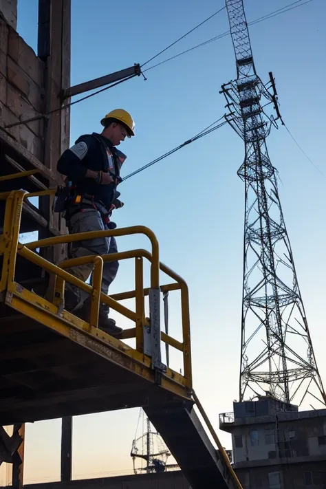 A construction worker on a high platform near an electric tower, wearing a full-body safety harness, suddenly losing balance, dramatic lighting, high-quality realism, professional safety gear
realistic lighting　wearing a helmet and a full-body safety harne...