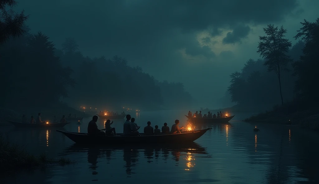 There are some people among the boats in the river under the cloudy night sky. Hurricane lights are visible from inside the boat