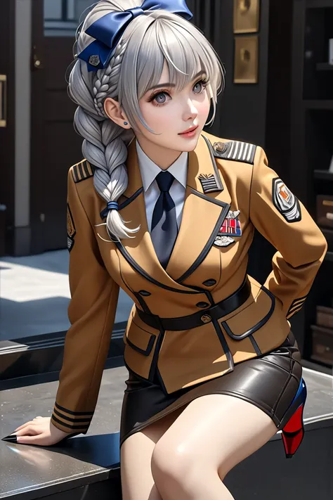  ( bestquality,4k,8k,highres,masterpiece:1.2),ultra-detailed,(realistic,photorealistic,photo-realistic:1.3),HDR,UHD,telethacapn, long sleeves, white shirt, collared shirt, grey hair, braid, hair bow, necktie, grey eyes, braided ponytail, blue bow, military...