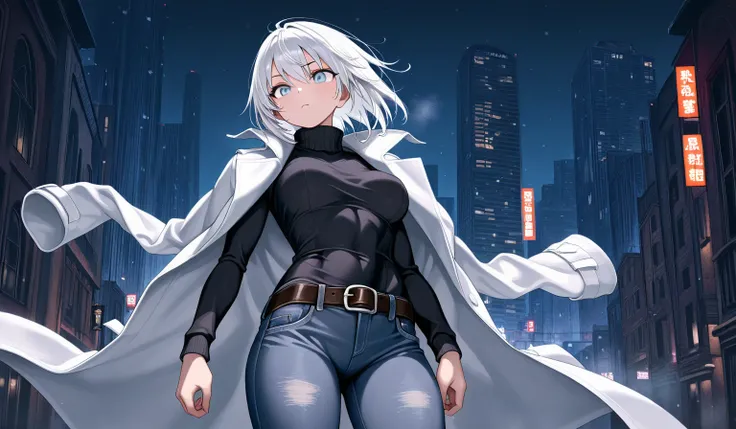 masterpiece, best quality, amazing quality, BREAK, 

1girl, white hair, medium hair, silver eyes, tomboy, fit girl, medium breast, long short, black Slim Fit Turtleneck, long sleeve, fit jeans, belt, white long coat, Trench coat draped over shoulders, cold...