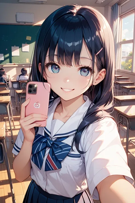 Japanese School,classroom,after school,  old high school girl, selfie with iPhone , video shooting, gal, looking at the camera, Japanese,beautiful, cute,smile, miniskirt,uniform, high image quality
