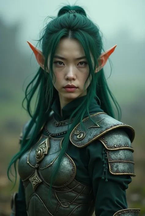 Upper body shot, Japanese woman, pointed elf ears, white skin, forest green hair, closed mouth, ancient elven metal armor, combat pose, dynamic pose, complex fantasy character, NSFW, cinematic lighting, fantasy, magic, detailed background, on a ravaged bat...