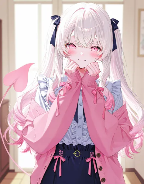   one woman、 white hair、 pink inner color hair、 pink eyes、 blush、   half twin tail 、  wave hair、  frill、ribbon、  blouse、 Cardigan、 skirt by humili、  indoor、 smile、 I'm squinting、 Masterpiece、  top quality、 blurry background indoors、 natural light、 Soft Lig...