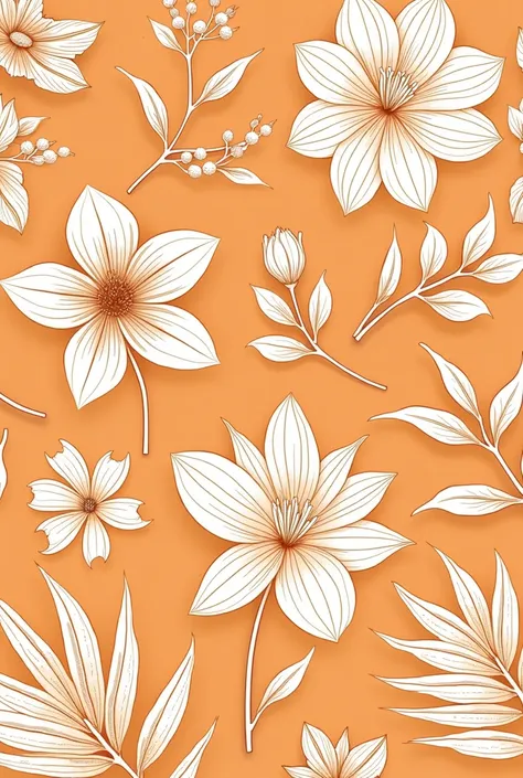 A detailed botanical seamless pattern featuring hand-drawn tropical and exotic flowers, palm leaves, and foliage in white and cream tones against a rich orange background. The illustration has a delicate, fine-line engraving style, with a mix of tropical a...