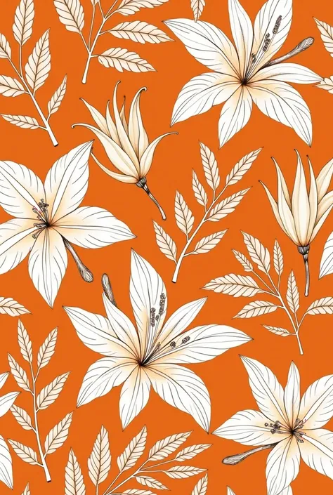 A detailed botanical seamless pattern featuring hand-drawn tropical and exotic flowers, palm leaves, and foliage in white and cream tones against a rich orange background. The illustration has a delicate, fine-line engraving style, with a mix of tropical a...