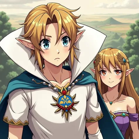 Anime Ocarina of time Emperor Link wearing a Massive popped collar polo with a collar so high it's taller than his head he's with Princess Zelda