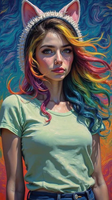  Portrait of a young woman drawn with Van Gogh's stroke， Colorful rainbow hair ，Wearing a light green T-shirt ， Cat Ear Hat and Tracksuit 。 Best Quality and Masterpiece 。