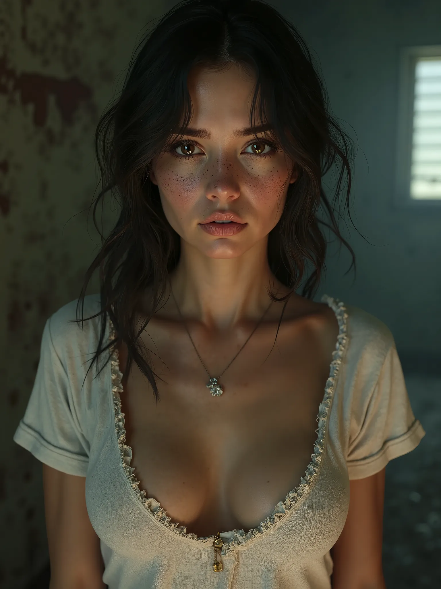 drop dead gorgeous girl in the game, but it's getting worse, wearing a white underboob t-shirt, brown eyes, freckles, tan, and sweet looking forward