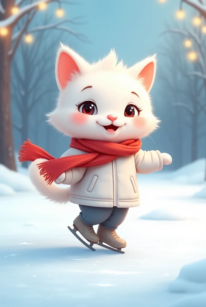 A cartoonish white beautiful kitten in a white jacket , with a red scarf and gray pants, she is skating at the ice rink while standing