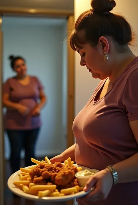 It generates an image of a fat woman leaving the kitchen looking at her reflection in a large mirror that is next to the living room wall with a sad expression and with a plate of food such as fried chicken, mayonnaise and French fries.. 