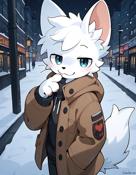 score_9, score_8_up, score_7_, score_6_up, masterpiece, best quality, solo, furry, shota, cute, young boy, BoykisserFur, white fur, seductive look, half closed eyes, bare feet, Winter fashion, brown coat, muffler, snowy night city street background, Upper ...