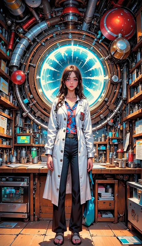 secret laboratory, young woman in a white coat , Secret Base、Large Hadron Collider、 quantum computer,  giant plasma ball background、  70s Vintage Showcase ,   Cottage Core Hippie  ,  1970's Decor   ,  retro vibe, 1970s Style,   New Album Jacket   ,   great...