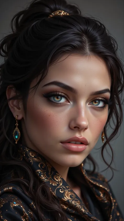 A stunning depiction ， shows a gorgeous Tunisian housewife ， Has a curled black ponytail and beautiful navigation， around her freckled face 。 of her striking green eyes ， accentuated by bronze eyeliner and long lashes ， reveals a mesmerizing eye 。 Her plum...