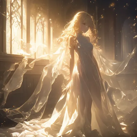 masterpiece, super fine illustration, highly detailed, dynamic ,BREAK masterpiece 、 high quality、8k、3d、2.5D、16k、 real 、A mysterious woman standing in a contrast of light and darkness. She wears a delicate, translucent dress that softly flows around her, re...