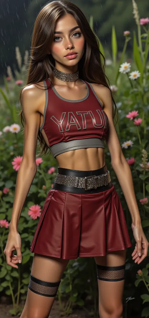 ((beautiful brazilian model:1.8)),(photorealism: 1.4),( hot girl brown skin),(complex and realistic skin texture:1.4),dynamic action, body view,19years, insane extremely long hairs,very skinny,very small ass,cheerleader very short pleated miniskirt,insane ...