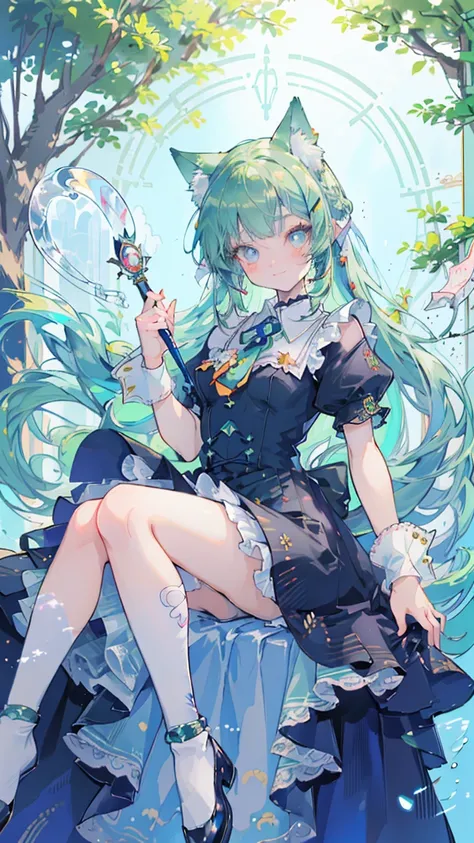 ((Tabletop, highest quality: 1.1), ((Anime girl in a blue dress holding a magic wand)), Art Nouveau、Anime Cat girl wearing a maid costume, , ((Green hairs))、Long-haired person、((Eyes that shine like jewels, Long eyelashes, Transparency))、Very Beautiful Ani...