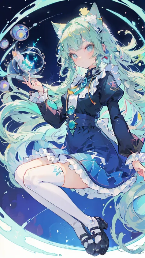 ((Tabletop, highest quality: 1.1), ((Anime girl in a blue dress holding a magic wand)), Art Nouveau、Anime Cat girl wearing a maid costume, , ((Green hairs))、Long-haired person、((Eyes that shine like jewels, Long eyelashes, Transparency))、Very Beautiful Ani...