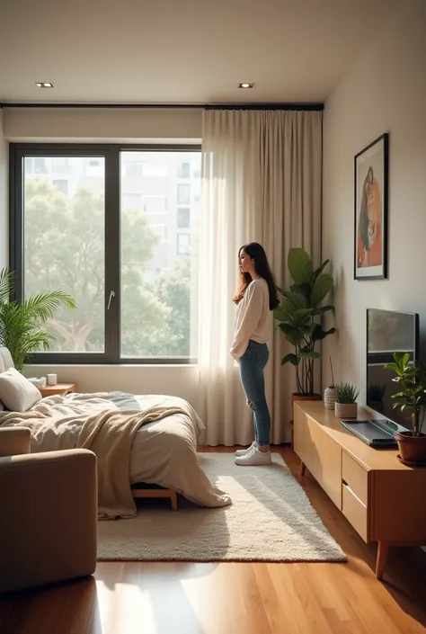 Room in a student apartment of a 20-year-old girl. A place with good lighting and a modern touch. Let it be noted that there is a young girl in it. 