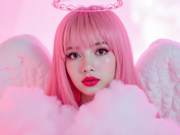 extreme close up of her face, photoshoot , pink latex angel costume, deep red lip gloss, in heaven on a cloud, she has a pink latex halo, white latex angel wings