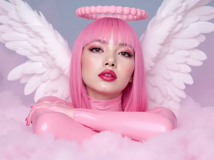 extreme close up of her face, photoshoot , pink latex angel costume, deep red lip gloss, in heaven on a cloud, she has a pink latex halo, white latex angel wings