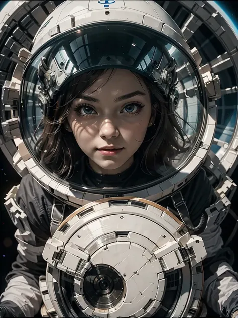   high definition ,  high face detail  , , an astronaut girl in a bright jumpsuit sits in a spaceship cabin 。  with your back to the viewer 。  she looks back at the viewer over her shoulder 、 A cheerful look 。devices освещены бледным светом。 The background...