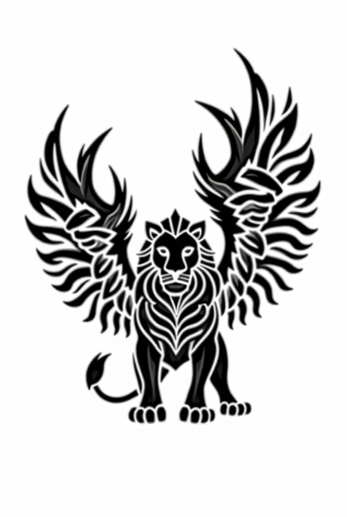 Winged lion with black tribal shape on white background.Complexity 4 /10