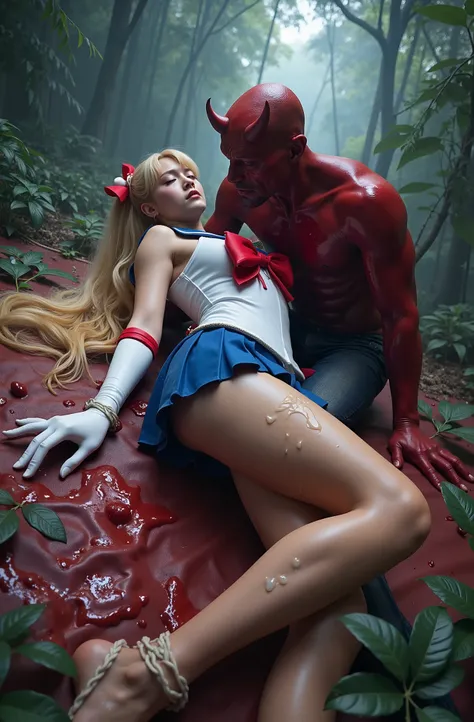 Hyperrealism, masterpiece, highest quality, A young Japanese woman is lying on the ground, her wrists are bound to bed with rope, she is unconsciousness and eyes close, painful face, cum on her forehead, a lot of cum on her legs, she is wearing a Sailor Mo...