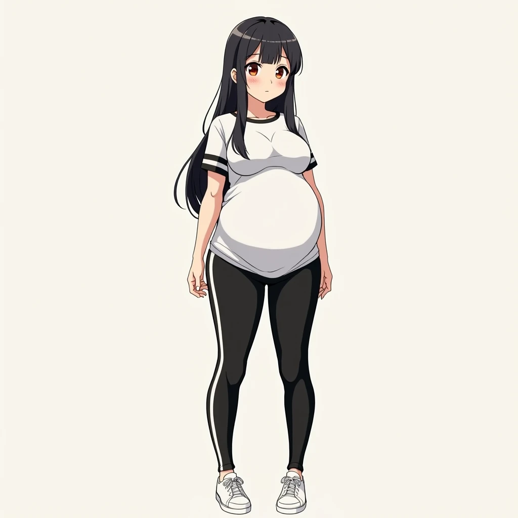 anime girl, long hair, black hair, orange eyes, white T-shirt with black stripes, black thin trousers with white stripes, white sneakers, anime style, high definition images, big breasts, big-breasted girl with hyper-pregnancy, keep your finger on the puls...