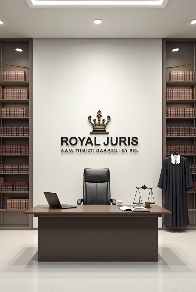 
A prestigious law office with two walls in view. On one side, a glass bookshelf filled with legal books stands as a symbol of knowledge and expertise. On the opposite wall, ‘ROYAL JURIS SOLUTIONS’ is prominently displayed, showcasing the firm’s profession...