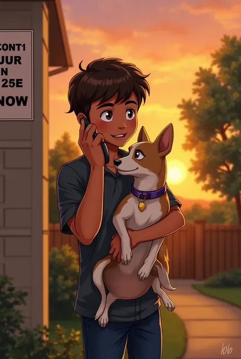 3. **"The boy holds the dog in his arms while calling the phone number on the lost dog poster. Commitment and kindness are visible on his face. The background includes the house and the sunset sky."**  
Ratio 3.2
