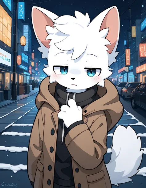 score_9, score_8_up, score_7_, score_6_up, masterpiece, best quality, solo, furry, shota, cute, young boy, BoykisserFur, white fur, seductive look, half closed eyes, bare feet, Winter fashion, brown coat, muffler, snowy night city street background, Upper ...