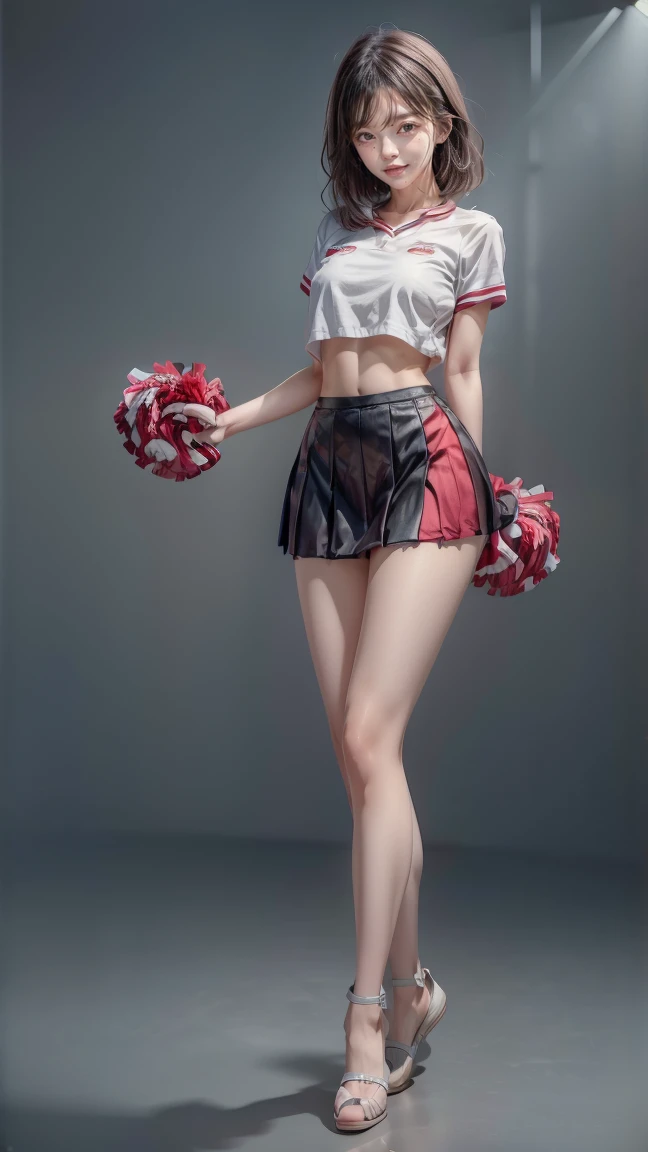 A beautiful young Japanese woman, 20 years old, with perfect anatomy, healthy thighs, beautiful feet, flawless skin, random hair color and style, large bust, (she is standing:1.2), wearing a cheerleader uniform with micro-pleated miniskirt, in a full body ...